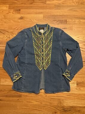 Bob Mackie Jacket Women's Size Med Blue Denim Button Up Embroidered Wearable Art